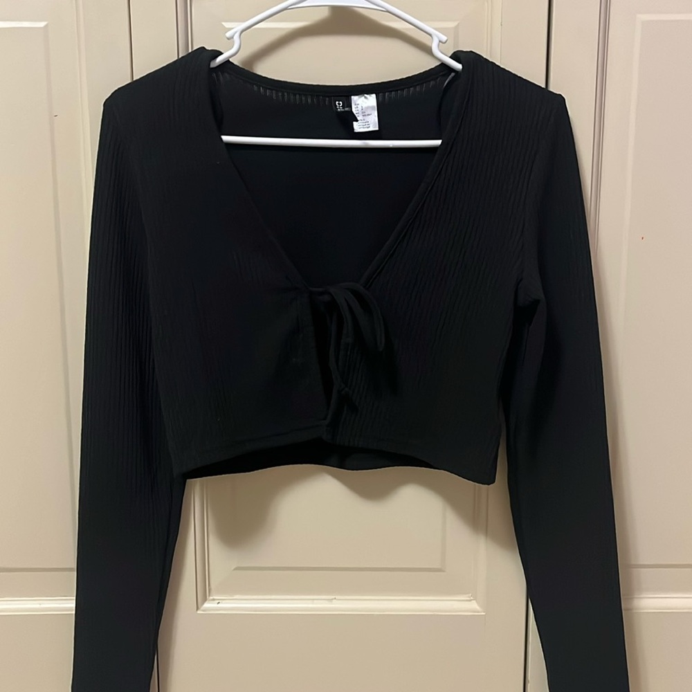 black cropped tie front cardigan